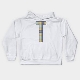 Monogram Letter T, Blue, Yellow and Grey Scottish Tartan Style Typography Design Kids Hoodie